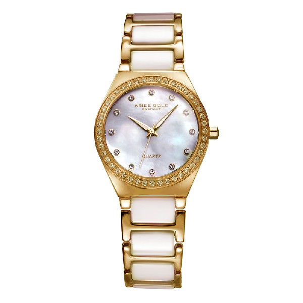ARIES GOLD ENCHANT DIVA GOLD STAINLESS STEEL L 5014Z G-MOP WHITE CERAMIC WOMEN'S WATCH